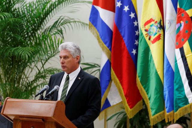 FILE PHOTO: Cuba's President Miguel Diaz-Canel speaks during the 16th Bolivarian Alliance for the Peoples of Our America-Peoples Trade Agreement (ALBA-TCP) Summit in Havana, Cuba, December 14, 2018.  REUTERS/Stringer