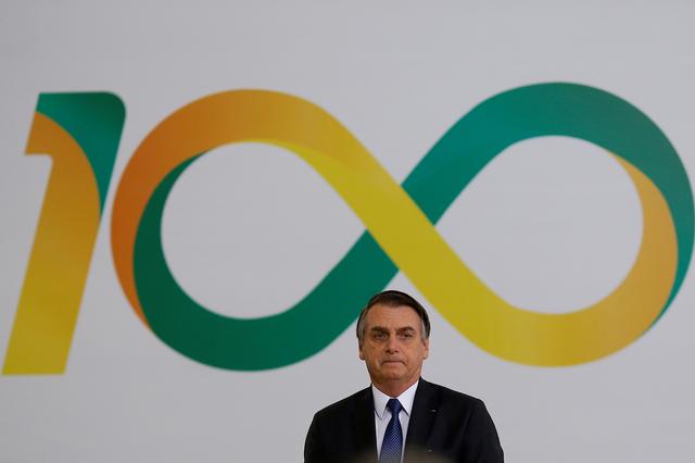FILE PHOTO: Brazil's President Jair Bolsonaro reacts during a ceremony marking his first 100 days in office at the Planalto Palace in Brasilia, Brazil April 11, 2019. REUTERS/Adriano Machado/File Photo