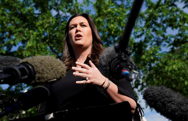 White House spokeswoman Sarah Sanders talks to reporters at the White House in Washington, U.S., April 29, 2019.  REUTERS/Kevin Lamarque