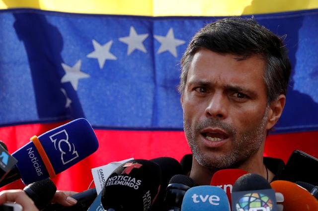 FILE PHOTO: Venezuelan opposition leader Leopoldo Lopez talks to the media at the residence of the Spanish ambassador in Caracas, Venezuela May 2, 2019. REUTERS/Carlos Garcia Rawlins/File Photo