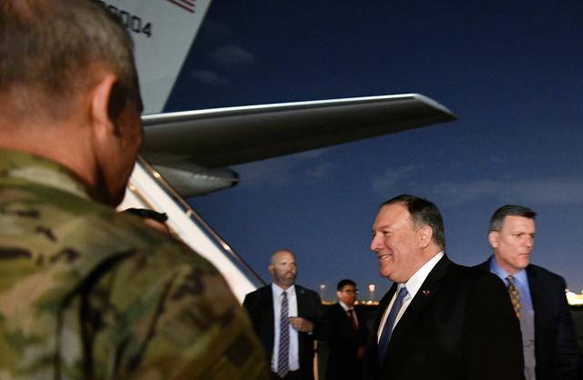 U.S. Secretary of State Mike Pompeo smiles upon arrival at Baghdad International Airport in Baghdad, Iraq May 7, 2019. Mandel Ngan/Pool via REUTERS