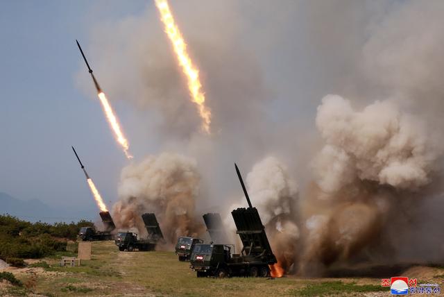 North Korean military conducts a strike drill for multiple launchers and tactical guided weapon into the East Sea during a military drill in North Korea, in this May 4, 2019 photo supplied by the Korean Central News Agency (KCNA).  KCNA via REUTERS   