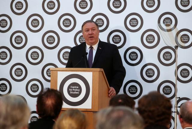 U.S. Secretary of State Mike Pompeo speaks at Lancaster House in London, Britain May 8, 2019. REUTERS/Hannah McKay