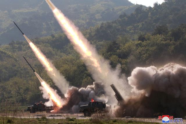 Missiles are seen launched during a military drill in North Korea, in this May 10, 2019 photo supplied by the Korean Central News Agency (KCNA).  KCNA via REUTERS