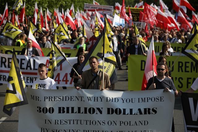 People take part in far right protest against the U.S. Senate's decision to accept a law that allows Jewish people to claim compensation for property lost during WW2 in Warsaw, Poland, May 11, 2019.  Agencja Gazeta/Maciej Jazwiecki via REUTERS 