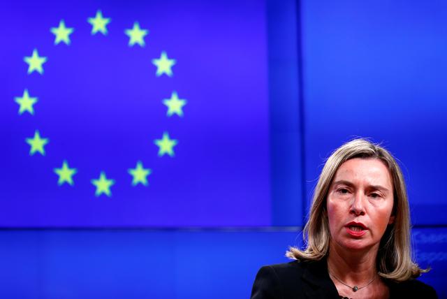 FILE PHOTO:  European Union foreign policy chief Federica Mogherini takes part in a news conference atfer a Turkey-EU Association Council in Brussels, Belgium, March 15, 2019.  REUTERS/Francois Lenoir
