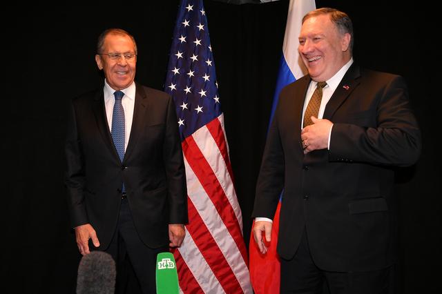 FILE PHOTO: U.S. Secretary of State Mike Pompeo and Russia's Foreign Minister Sergei Lavrov arrive to talk to the press as they meet on the sidelines of the Arctic Council Ministerial Meeting in Rovaniemi, Finland May 6, 2019. Mandel Ngan/Pool via REUTERS