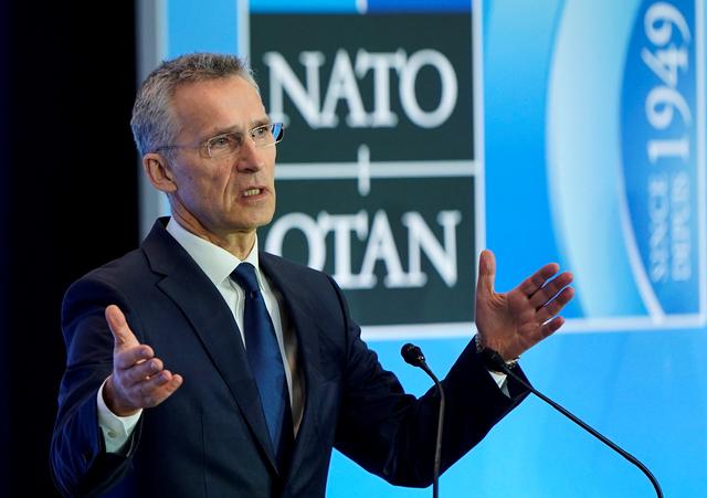 FILE PHOTO: NATO Secretary General Jens Stoltenberg speaks to the media during an alliance foreign minister's meeting in Washington, U.S., April 4, 2019. REUTERS/Joshua Roberts/File Photo