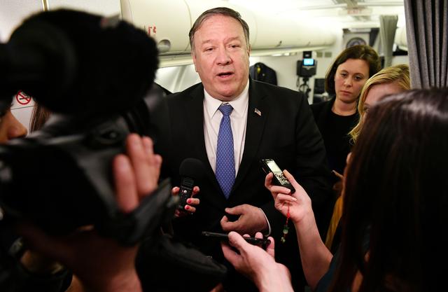 FILE PHOTO - U.S. Secretary of State Mike Pompeo speaks to reporters in flight after a previously unannounced trip to Baghdad, Iraq, May 8, 2019. Mandel Ngan/Pool via REUTERS