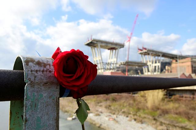 FILE PHOTO: A rose is placed on railings near the collapsed Morandi Bridge in Genoa, Italy, February 9, 2019.   REUTERS/Massimo Pinca/File Photo