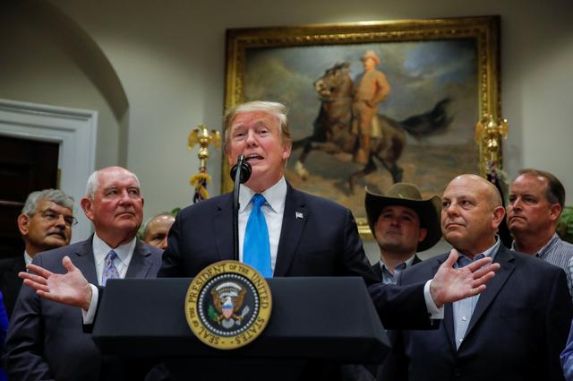 U.S. President Donald Trump speaks to reporters on a range of issues during an event devoted to America's farmers and ranchers in the Roosevelt Room of the White House in Washington, U.S., May 23, 2019. REUTERS/Carlos Barria