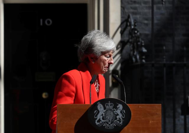British Prime Minister Theresa May reacts as she delivers a statement in London, Britain, May 24, 2019. REUTERS/Simon Dawson