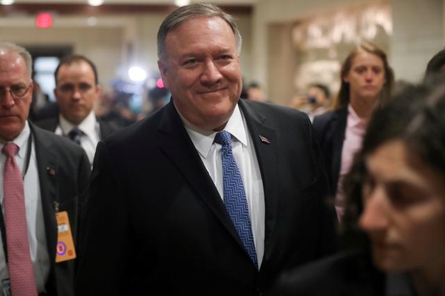 FILE PHOTO: U.S. Secretary of State Mike Pompeo arrives to hold a classified briefing on Iran, with Chairman of the Joint Chiefs Marine Corps General Joseph Dunford and acting Defense Secretary Patrick Shanahan, for members of the House of Representatives on Capitol Hill in Washington, U.S. May 21, 2019.  REUTERS/Jonathan Ernst/File Photo
