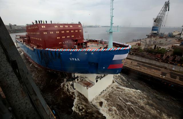 A view shows the nuclear-powered icebreaker Ural during the float out ceremony at the Baltic Shipyard in St. Petersburg, Russia May 25, 2019. REUTERS/Anton Vaganov