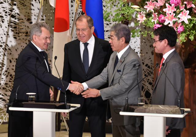 Russian Foreign Minister Sergei Lavrov and Defence Minister Sergei Shoigu attend their joint news conference with Japanese Foreign Minister Taro Kono and Defense Minister Takeshi Iwaya after their two-plus-two Foreign and Defense Ministers meeting between Japan and Russia at the Iikura Guest House in Tokyo, Japan, May 30, 2019.  Kazuhiro Nogi/Pool via Reuters