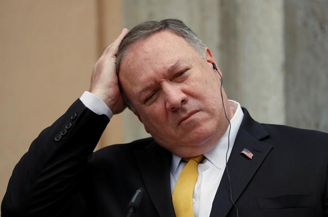 U.S. Secretary of State Mike Pompeo reacts during a joint news conference with German Foreign Minister Heiko Maas at Villa Borsig guest house in Berlin, Germany, May 31, 2019. REUTERS/Fabrizio Bensch