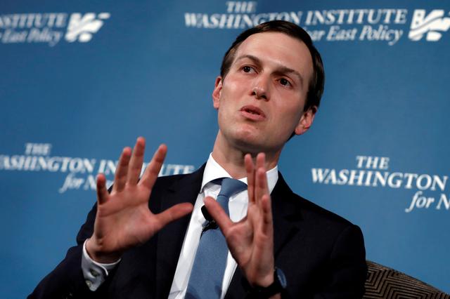 FILE PHOTO: White House senior adviser Jared Kushner, U.S. President Donald Trump's son-in-law, speaks during a discussion on Inside the Trump Administration's Middle East Peace Effort at a dinner symposium of the Washington Institute for Near East Policy (WINEP) in Washington, U.S., May 2, 2019. REUTERS/Yuri Gripas/File Photo