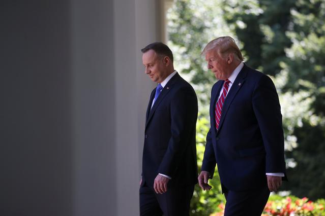 U.S. President Donald Trump and  Poland's President Andrzej Duda arrives for a joint news conference in the Rose Garden at the White House in Washington, U.S., June 12, 2019. REUTERS/Leah Millis