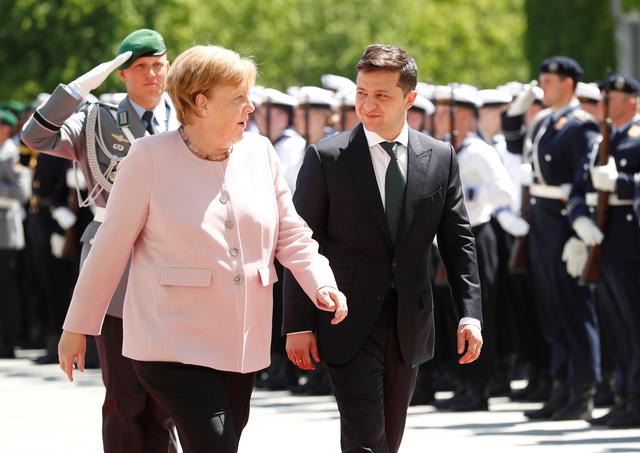 German Chancellor Angela Merkel and Ukrainian President Volodymyr Zelenskiy meet at the Chancellery in Berlin, Germany, June 18, 2019. REUTERS/Hannibal Hanschke