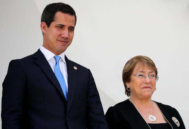 U.N. High Commissioner for Human Rights Michelle Bachelet and Venezuelan opposition leader Juan Guaido, who many nations have recognised as the country's rightful interim ruler, leave after a meeting at Venezuelan national assembly in Caracas, Venezuela June 21, 2019. REUTERS/Manaure Quintero