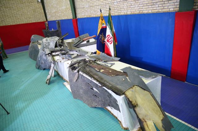 The purported wreckage of the American drone is seen displayed by the Islamic Revolution Guards Corps (IRGC) in Tehran, Iran June 21, 2019. Meghdad Madadi/Tasnim News Agency/Handout via REUTERS 