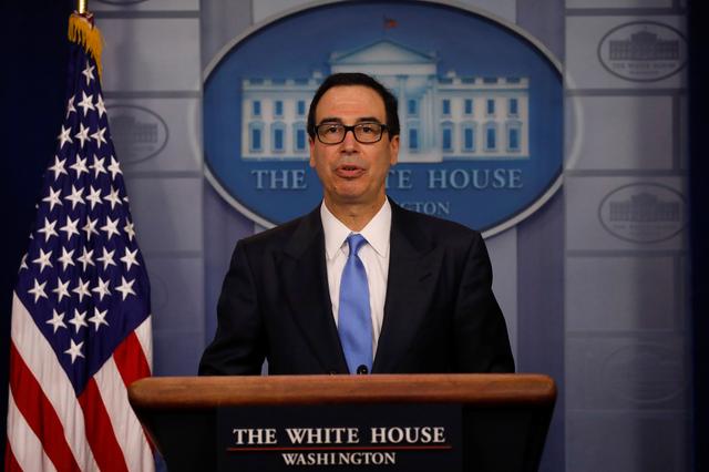 Treasury Secretary Steven Mnuchin answers question from reporters about the United States new sanctions on Iran at the White House in Washington D.C., U.S., June 24, 2019. REUTERS/Carlos Barria