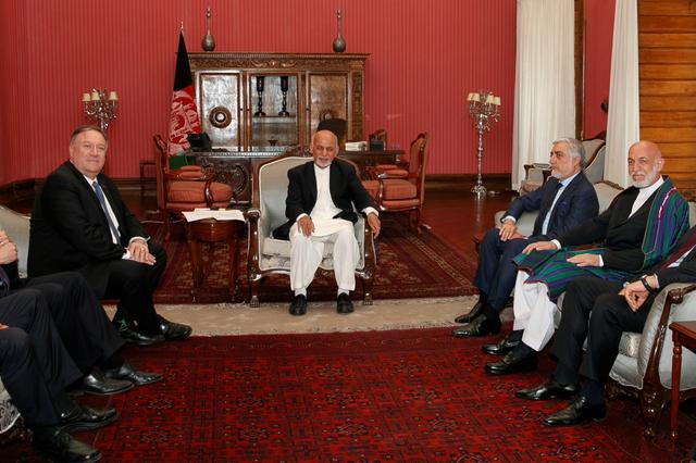 Secretary of State Mike Pompeo meets with Afghan President Ashraf Ghani, Afghan Chief Executive Officer Abdullah Abdullah, and former Afghan President Hamid Karzai at the Presidential Palace in Kabul, Afghanistan, June 25, 2019. Jacquelyn Martin/Pool via REUTERS