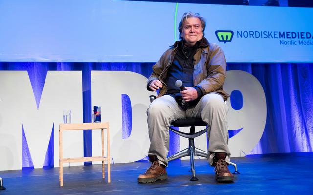 Former White House Chief Strategist Steve Bannon sits on the stage during the Nordic Media Festival in Bergen, Norway, May 9, 2019. Terje Pedersen/ NTB Scanpix via REUTERS   