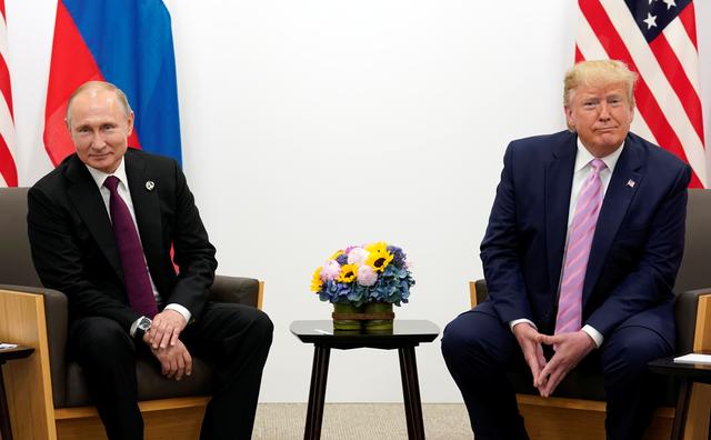 U.S. President Donald Trump meets with Russian President Vladimir Putin at the G20 Summit in Osaka, Japan June 28, 2019.  REUTERS/Kevin Lamarque