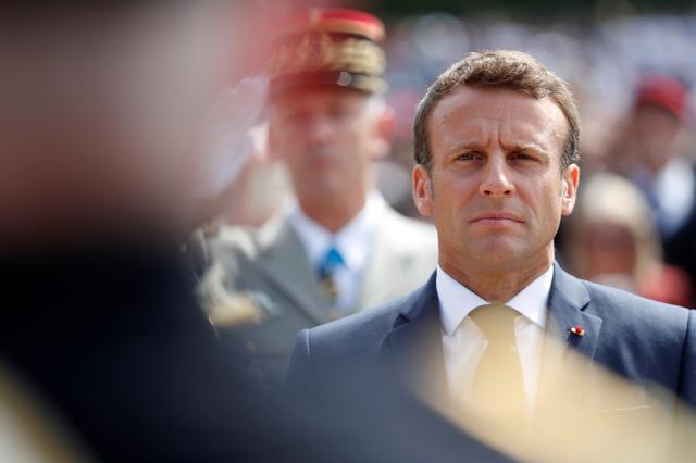 French President Emmanuel Macron attends a WWII ceremony to mark the 79th anniversary of late French General Charles de Gaulle's resistance call from London of June 18, 1940, at the Mont Valerien memorial, in Suresnes, near Paris, France,  June 18, 2019.  Thibault Camus/Pool via REUTERS
