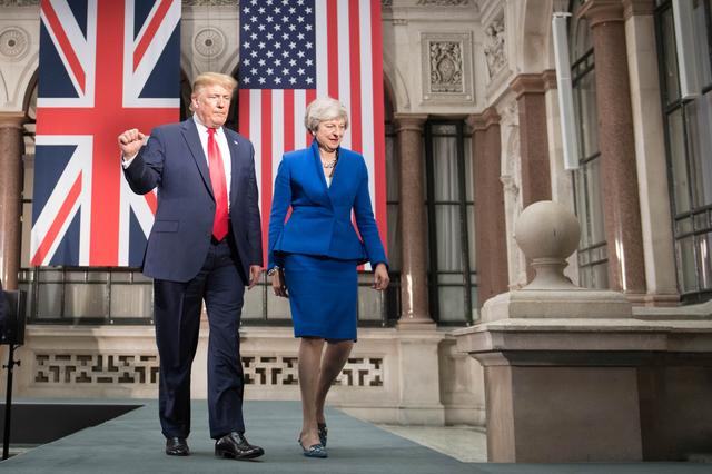 FILE PHOTO - Britain's Prime Minister Theresa May and U.S. President Donald Trump attend a joint news conference at the Foreign & Commonwealth Office, in London, Britain June 4, 2019. Stefan Rousseau/Pool via REUTERS