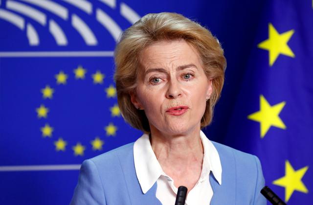 German Defense Minister Ursula von der Leyen, who has been nominated as European Commission President, briefs the media after the Conference of Presidents of European Parliament's party blocs in Brussels, Belgium, July 10, 2019. REUTERS/Francois Lenoir