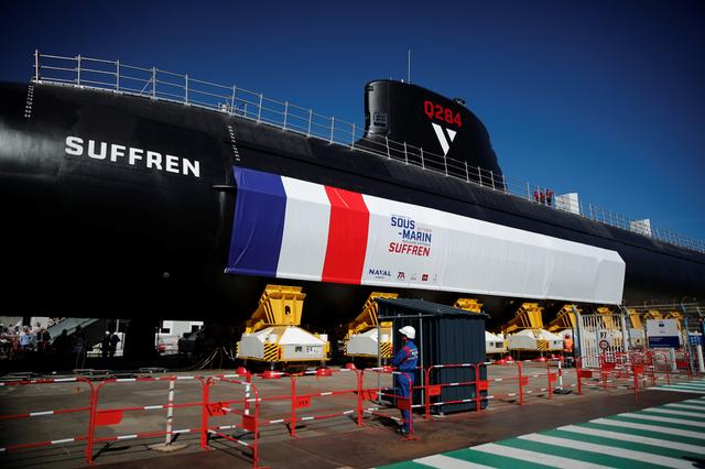 The French Navy vessel called Suffren, first of the nuclear Barracuda class attack submarines, leaves the workshops of its construction at the Naval Group site in Cherbourg, France, July 5, 2019. REUTERS/Benoit Tessier