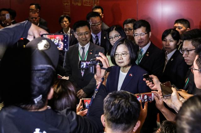 Taiwan President Tsai Ing-wen speaks to media at the Taipei Economic and Cultural Office in New York during her visit to the U.S., in New York City, U.S., July 11, 2019. REUTERS/Jeenah Moon