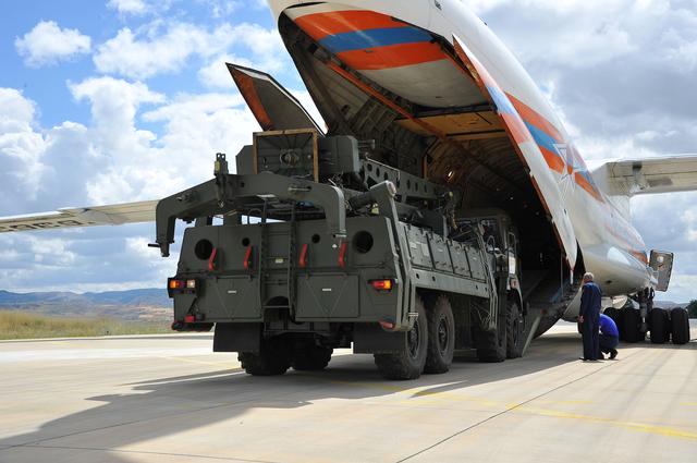 First parts of a Russian S-400 missile defense system are unloaded from a Russian plane at Murted Airport, known as Akinci Air Base, near Ankara, Turkey, July 12, 2019. Turkish Military/Turkish Defence Ministry/Handout via REUTERS 