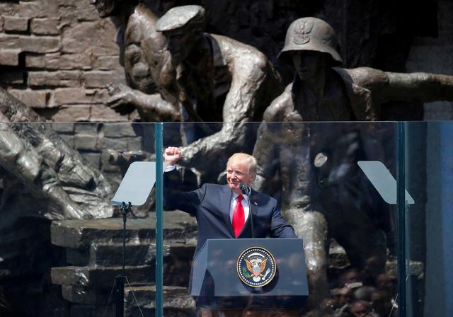 FILE PHOTO: U.S. President Donald Trump gives a public speech in front of the Warsaw Uprising Monument at Krasinski Square, in Warsaw, Poland July 6, 2017. REUTERS/Laszlo Balogh