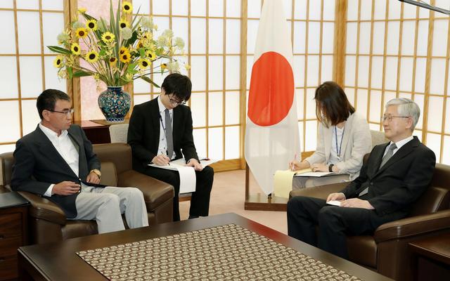 Japanese Foreign Minister Taro Kono meets with South Korea's ambassador to Japan Nam Gwan-pyo at the Foreign Ministry in Tokyo, Japan, July 19, 2019, in this photo taken by Kyodo. Mandatory credit Kyodo/via REUTERS 