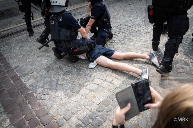 Police officers detain a protester during a demonstration against the first Pride Parade in the city of Bialystok, Poland July 20, 2019 in this picture obtained from social media July 21, 2019. Magda Bogdanowicz/via REUTERS     