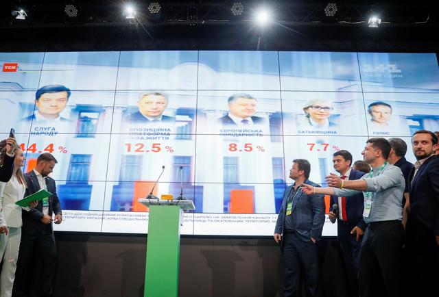 Ukraine's President Volodymyr Zelenskiy reacts next to a screen showing results of exit polls after a parliamentary election at his party's headquarters in Kiev, Ukraine July 21, 2019. REUTERS/Valentyn Ogirenko