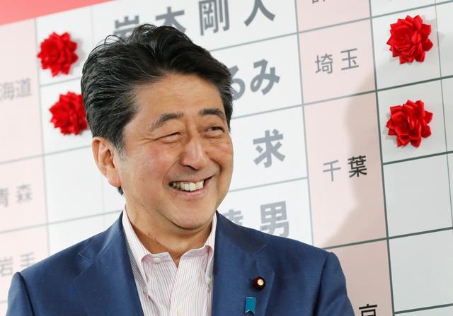 Japan's Prime Minister Shinzo Abe, who is also leader of the ruling Liberal Democratic Party (LDP), reacts as he puts a rosette on the name of a candidate who is expected to win the upper house election, at the LDP headquarters in Tokyo, Japan, July 21, 2019. REUTERS/Kim Kyung-Hoon