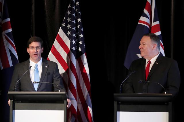 U.S. Secretary of Defence Mark Esper speaks next to U.S. Secretary of State Mike Pompeo during a joint news conference with their Australia counterparts in Sydney, Australia, August 4, 2019. REUTERS/Jonathan Ernst/Pool