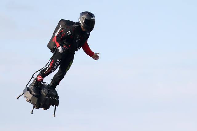 French inventor Franky Zapata takes off on a Flyboard for a second attempt to cross the English channel from Sangatte to Dover, in Sangatte, France, August 4, 2019. REUTERS/Yves Herman