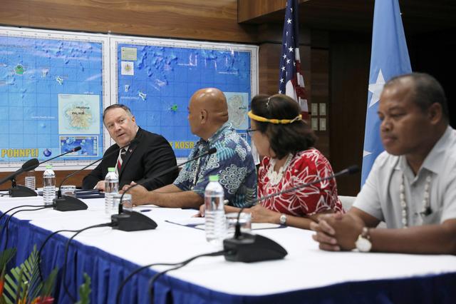 U.S. Secretary of State Mike Pompeo, Federated States of Micronesia President David Panuelo, Marshall Islands President Hilda Heine and Palau's Vice President Raynold Oilouch hold a news conference after their meetings in Kolonia, Federated States of Micronesia August 5, 2019. REUTERS/Jonathan Ernst