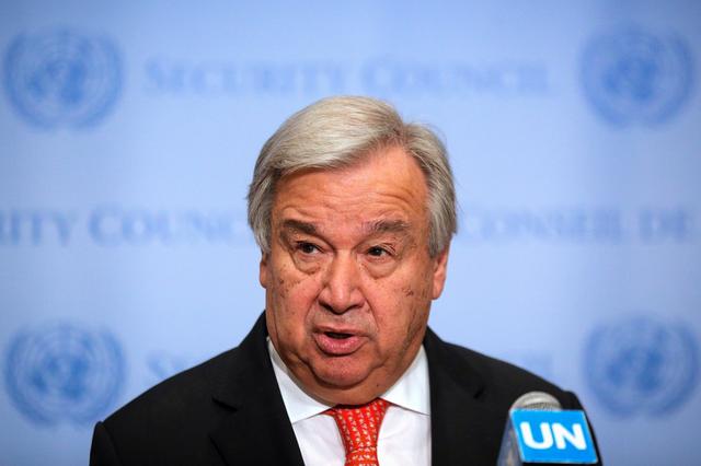 United Nations Secretary General Antonio Guterres speaks at the Security Council stakeout at the United Nations headquarters in New York, U.S.,  August 1, 2019. REUTERS/Brendan McDermid