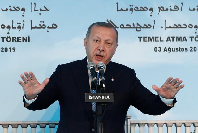 Turkish President Tayyip Erdogan speaks during the groundbreaking ceremony of the Mor Efrem Syriac Orthodox Church in Istanbul, Turkey, August 3, 2019. REUTERS/Murad Sezer