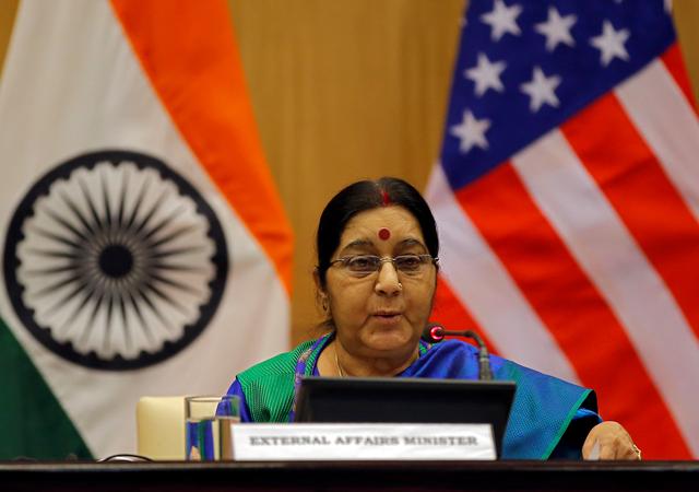 FILE PHOTO: India's Foreign Minister Sushma Swaraj speaks as she and U.S. Secretary of State Rex Tillerson (unseen) attend a media briefing in New Delhi, India, October 25, 2017. REUTERS/Altaf Hussain