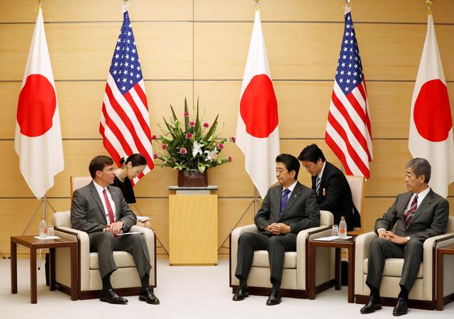 U.S. Secretary of Defence Mark Esper meets with Japanese Prime Minister Shinzo Abe and Defense Minister Takeshi Iwaya at Abe's official residence in Tokyo, Japan, August 7, 2019. REUTERS/Issei Kato