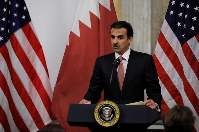 FILE PHOTO: Qatar's Emir Sheikh Tamim bin Hamad Al-Thani delivers remarks during a dinner with U.S. President Donald Trump at the U. S. Department of the Treasury in Washington D.C., U.S., July 8, 2019. REUTERS/Carlos Barria