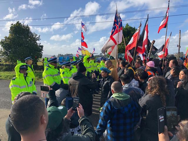 Protest leader Pania Newton (C) is seen at a protest at Ihumatao, Auckland, in this undated handout photo released August 11, 2019.  Tuputau Lelaulu/Handout via REUTERS ATTENTION EDITORS - THIS IMAGE WAS PROVIDED BY A THIRD PARTY.