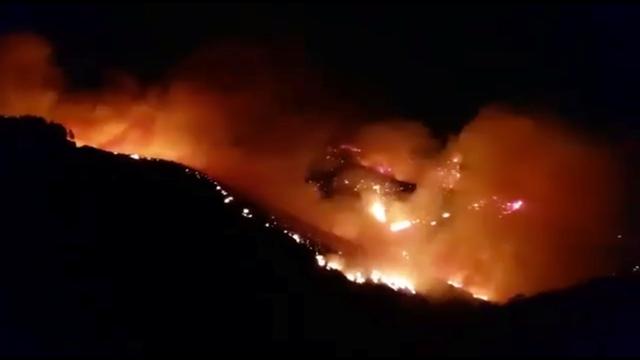 A wildfire burns in this still image obtained from social media video between Juncalillo and Pinos de Galdar, on Gran Canaria, Canary Islands, Spain in the early hours of August 11, 2019. Carla Rodriguez via REUTERS 